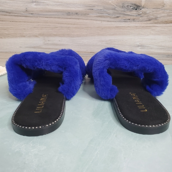 NEW Liliana Blue Fur Double Band Flat Slides - Picture 6 of 7